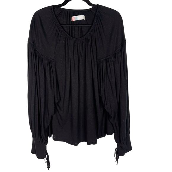 Free People Beach S Black Pullover Top Balloon Sleeves Flowy Long Tie Cuff Linen - Picture 1 of 9